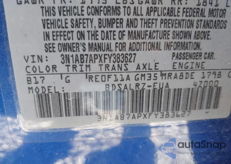 2015 Nissan Sentra Sr z USA, uszkodzony, nr VIN 3N1AB7APXFY383627